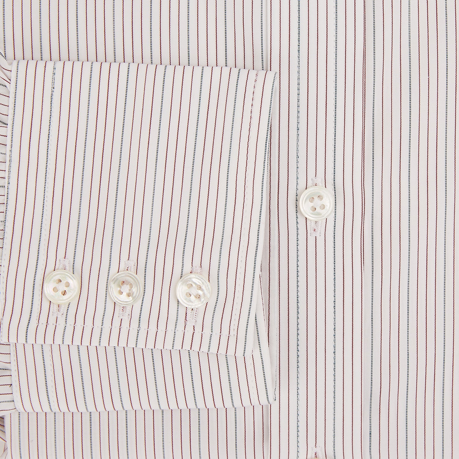 View 4 of product The Turnbull & Asser Burgundy Multi Hairline Stripe Mayfair Shirt features long sleeves, a classic collar, buttoned cuffs, and slim vertical stripes—ideal for formal wear and shown against a plain white background.