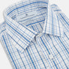 View 2 of product The Turnbull & Asser Blue Plaid Check Mayfair Shirt is a long-sleeve, button-down shirt with a T&A collar and blue and white plaid pattern, shown on a white background.
