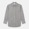 View 1 of product The Turnbull & Asser Black Candy Stripe Cotton Regular Fit Mayfair Shirt features long sleeves, a T&A collar, white buttons, and thin black stripes, displayed on a plain white background.