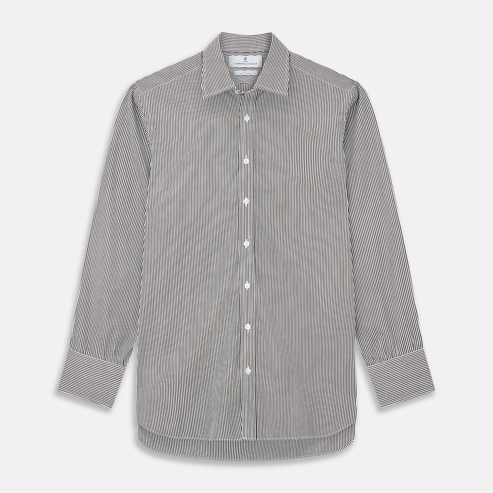 The Turnbull & Asser Black Candy Stripe Cotton Regular Fit Mayfair Shirt features long sleeves, a T&A collar, white buttons, and thin black stripes, displayed on a plain white background.