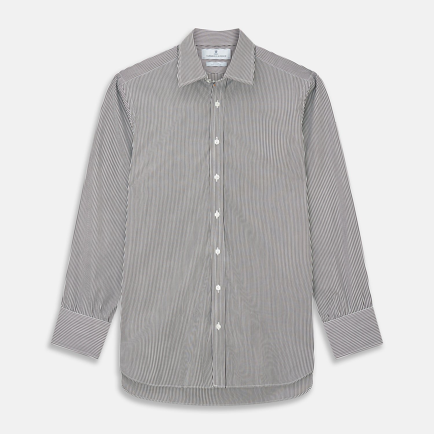 View 1 of product The Turnbull & Asser Black Candy Stripe Cotton Regular Fit Mayfair Shirt features long sleeves, a T&A collar, white buttons, and thin black stripes, displayed on a plain white background.