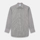 The Turnbull & Asser Black Candy Stripe Cotton Regular Fit Mayfair Shirt features long sleeves, a T&A collar, white buttons, and thin black stripes, displayed on a plain white background.