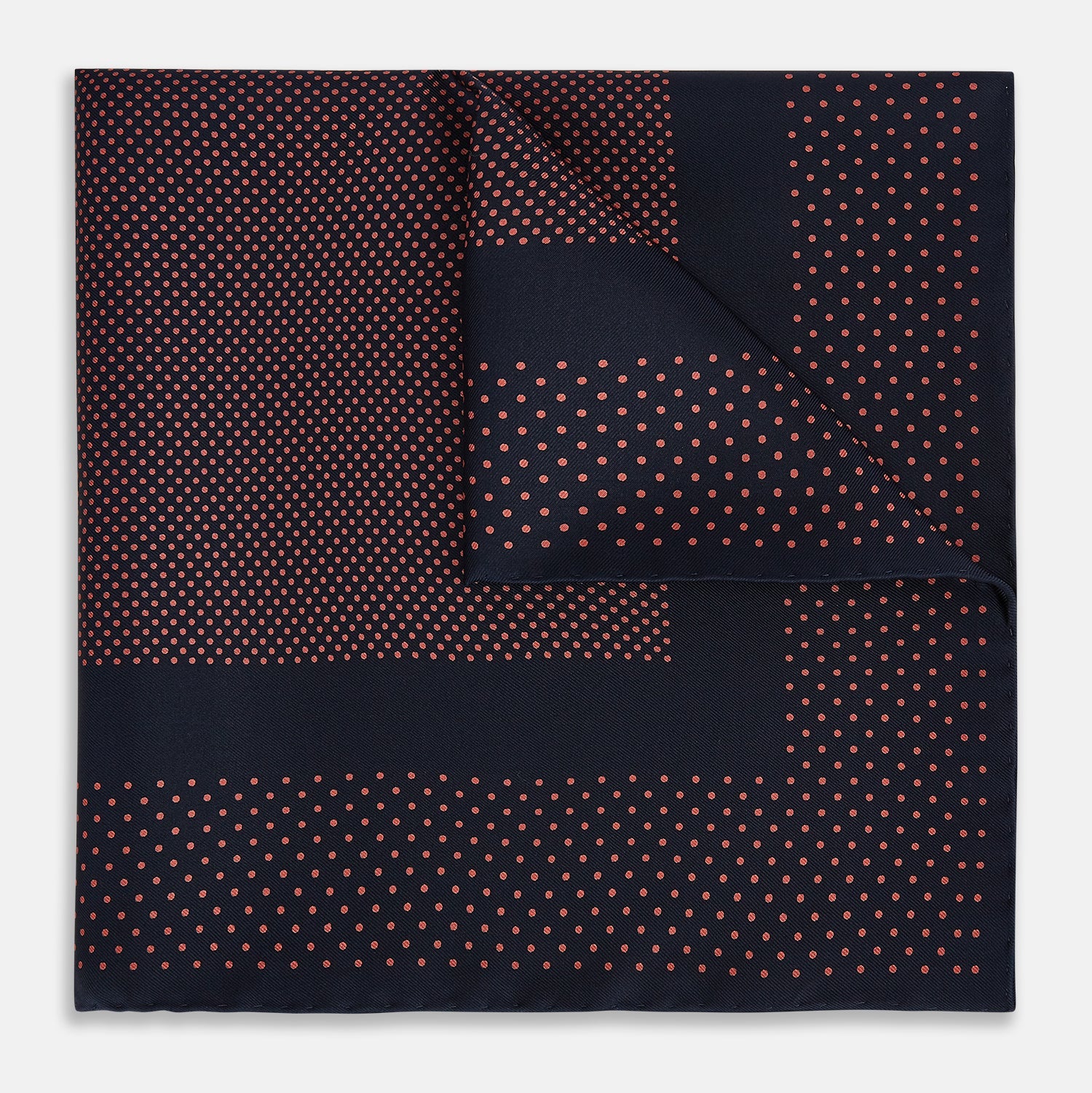 View 1 of product The Turnbull & Asser Navy and Orange Dot Silk Pocket Square features exquisite handmade craftsmanship.