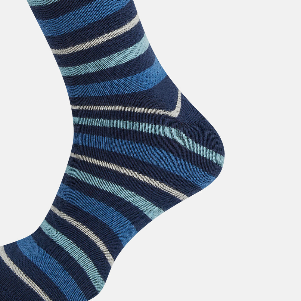 Turnbull & Asser's Azzurro Striped Merino Wool Long Socks feature horizontal stripes in blue, navy, and gray—ideal over-the-calf socks for everyday style.