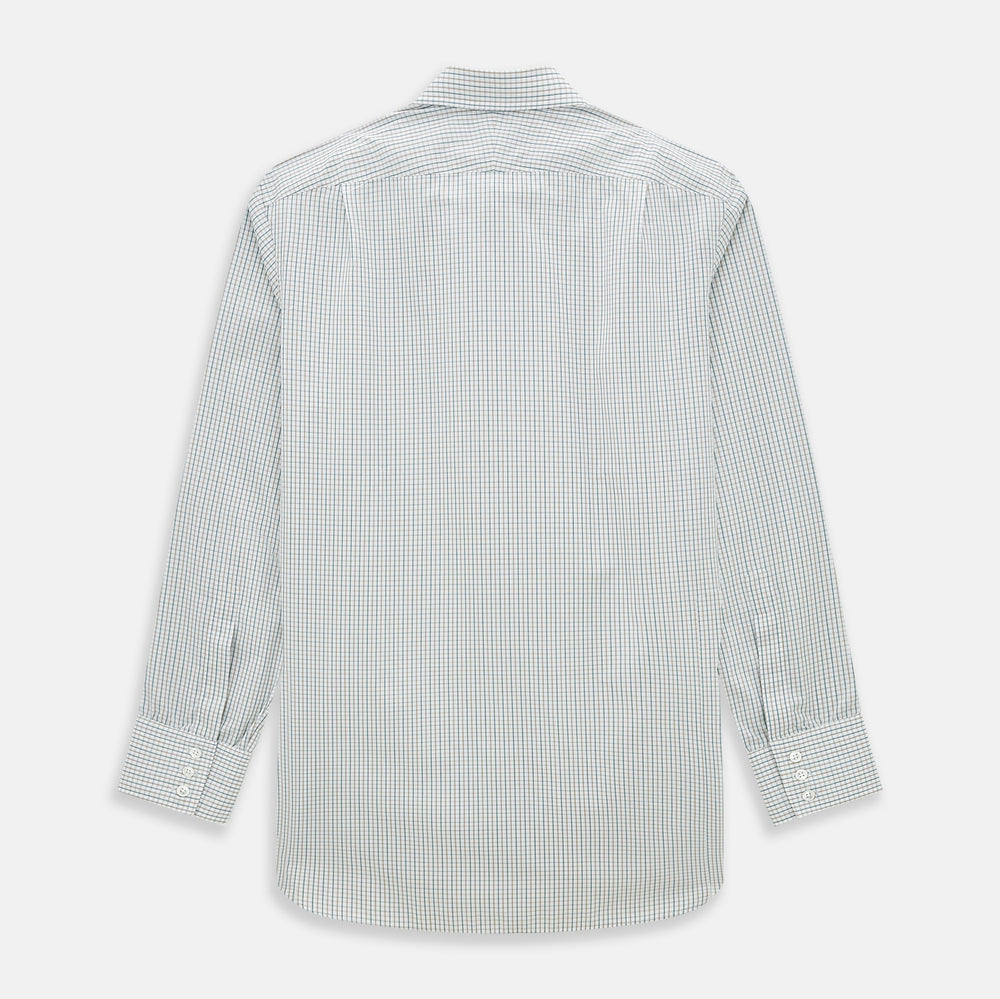 The Green and Brown Multi Check Mayfair Shirt by Turnbull & Asser, crafted from Italian cotton with a classic collar and buttoned cuffs, is laid flat on a white background.