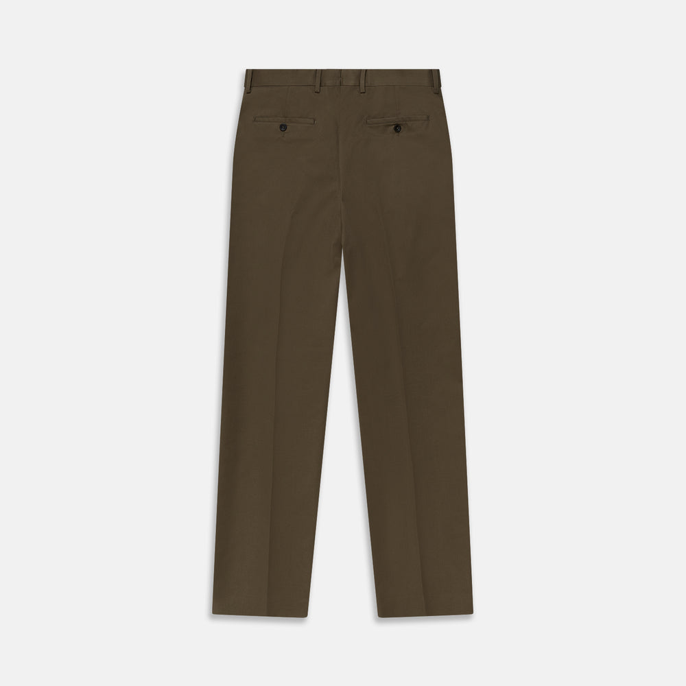 Close-up of the back of Turnbull & Asser's Khaki Green Cotton Twill Manson Trouser, featuring a single buttoned back pocket, belt loops, and fine stitching details—a menswear essential.