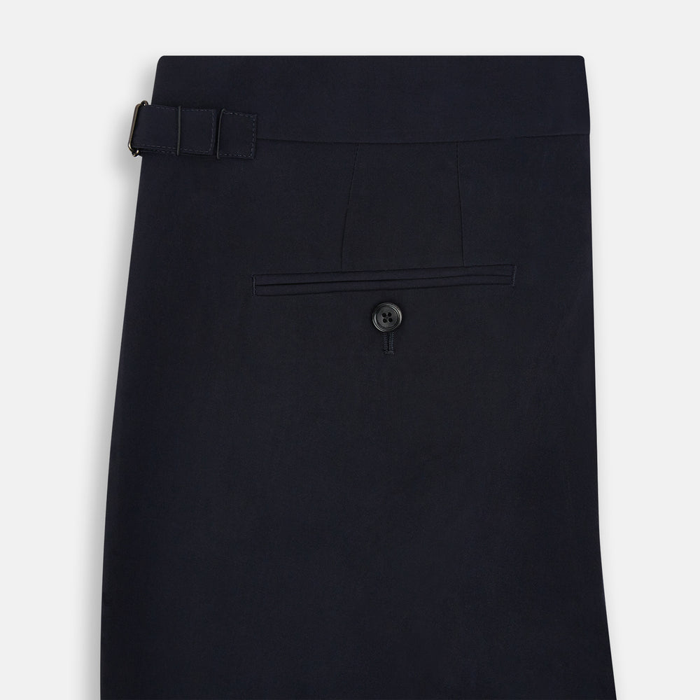 A pair of Midnight Blue Wool Henry Trousers by Turnbull & Asser, with a button closure and straight legs, shown against a plain white background.