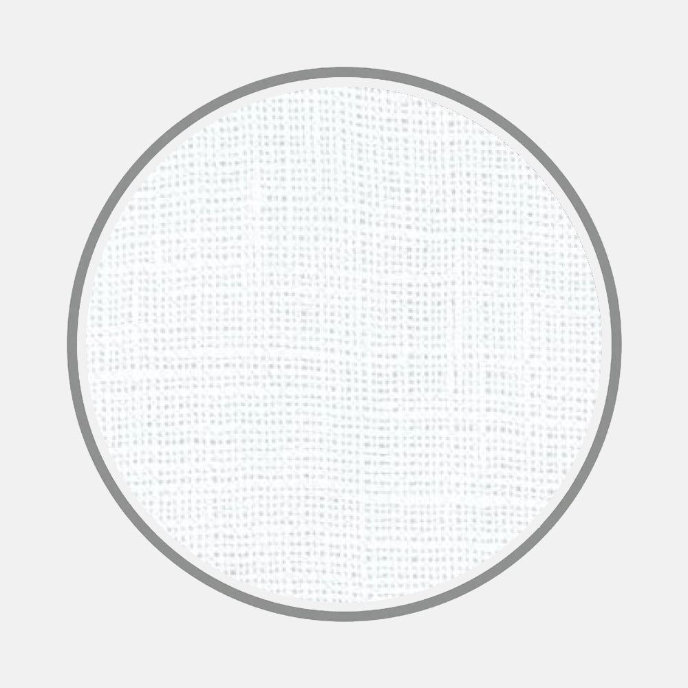 A detailed close-up of Turnbull & Asser's White Linen Fabric displays its subtle woven texture, showcased in a circular frame against a light gray background.