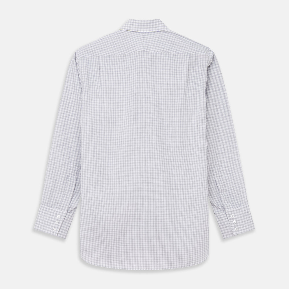 The Grey Check Cotton Melange Regular Fit Mayfair Shirt by Turnbull & Asser features a light gray and white small checkered pattern, a collar, and front buttons, shown against a white background.