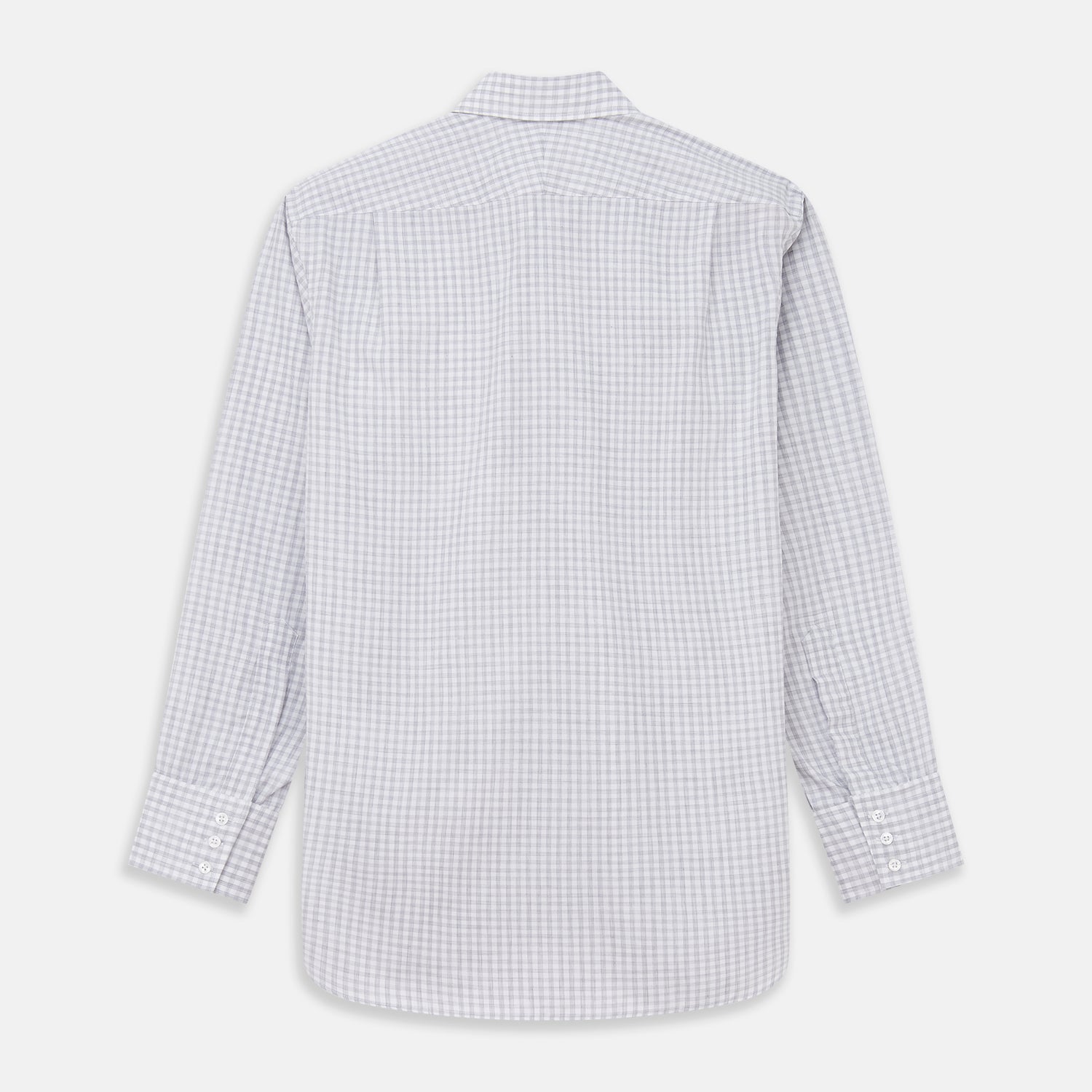 View 5 of product The Grey Check Cotton Melange Regular Fit Mayfair Shirt by Turnbull & Asser features a light gray and white small checkered pattern, a collar, and front buttons, shown against a white background.