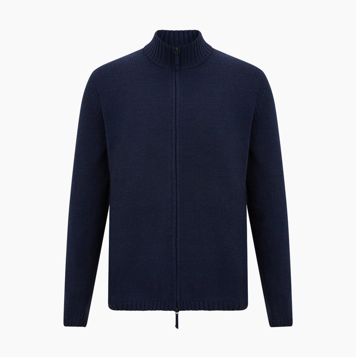 Navy High Neck Merino Zipped Cardigan Image 4