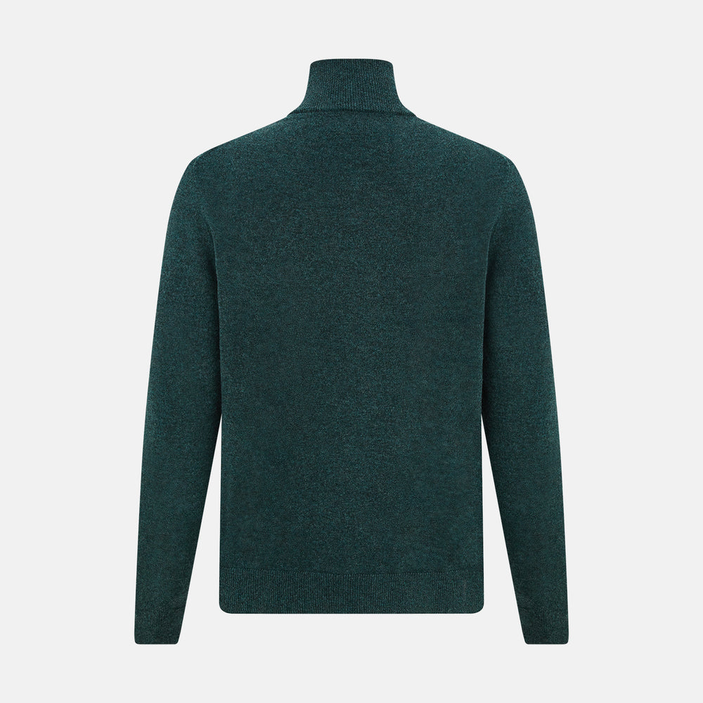 The Forest Green Melange Half-Zip Cashmere Jumper by Turnbull & Asser features a high collar and long sleeves, showcased against a plain white background.