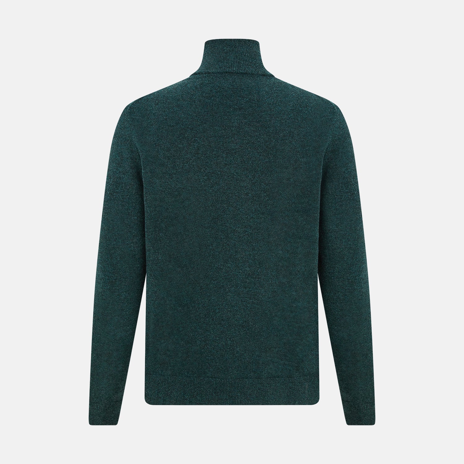 View 3 of product The Forest Green Melange Half-Zip Cashmere Jumper by Turnbull & Asser features a high collar and long sleeves, showcased against a plain white background.
