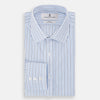View 5 of product The Blue and Navy Double Stripe Mayfair Shirt by Turnbull & Asser features a classic T&A collar and thin blue stripes on a white background, displayed against a plain white surface.