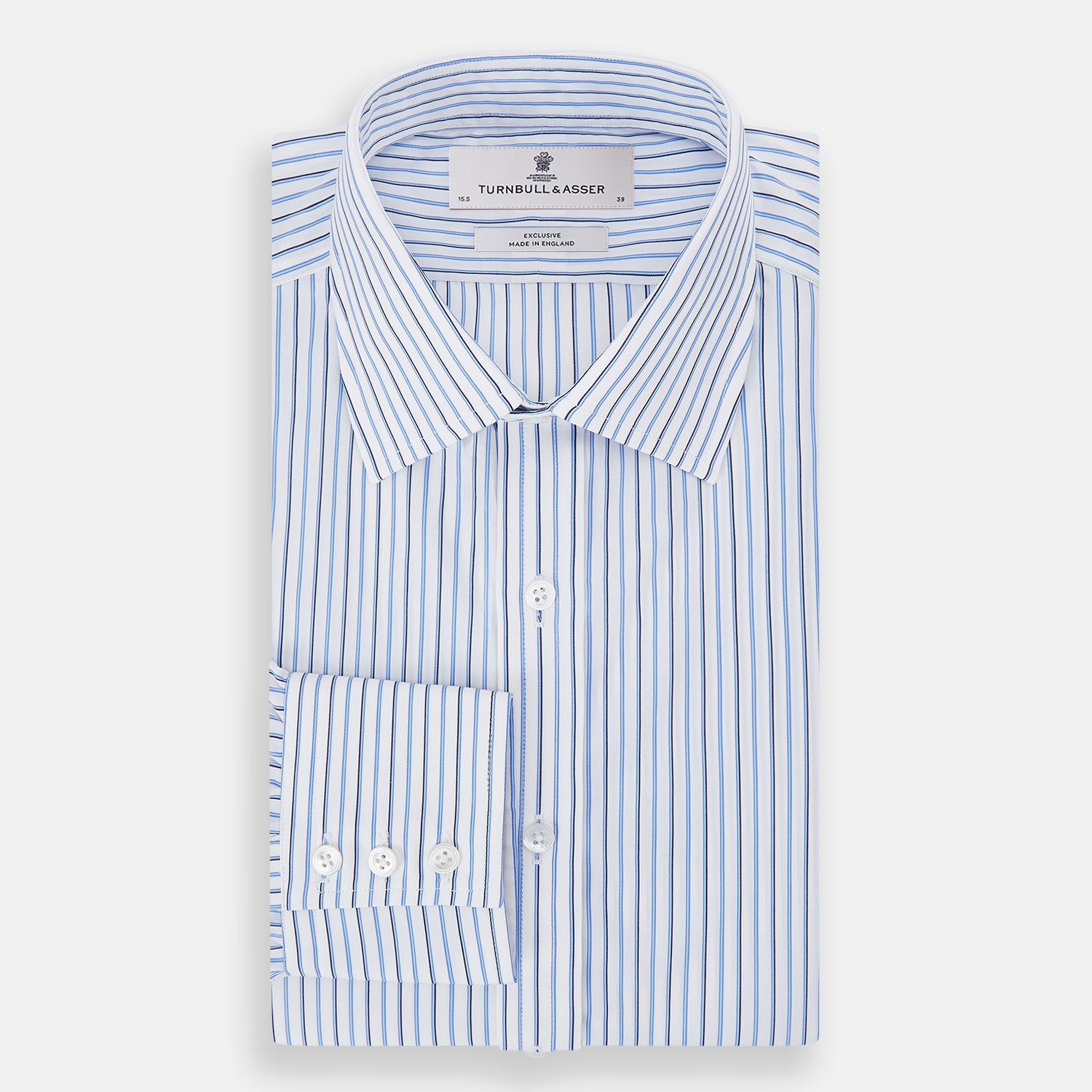 View 5 of product The Blue and Navy Double Stripe Mayfair Shirt by Turnbull & Asser features a classic T&A collar and thin blue stripes on a white background, displayed against a plain white surface.