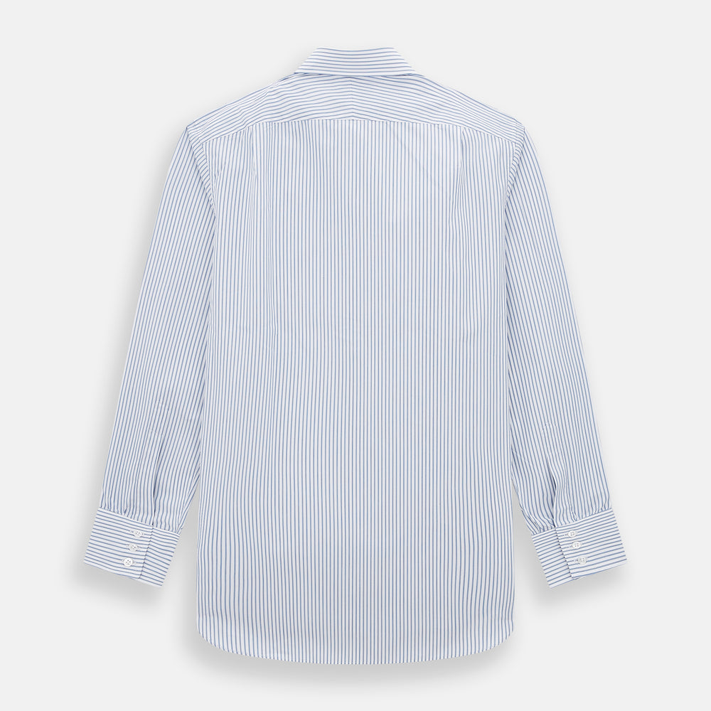 The Turnbull & Asser Navy Double Pinstripe Mayfair Shirt is a long-sleeve, button-up collared shirt with thin vertical blue and white stripes, shown against a plain white background.