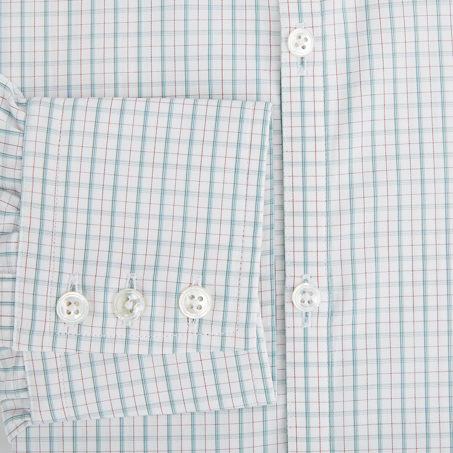 View 4 of product The Turnbull & Asser Turquoise and Red Multi Check Westminster shirt features long sleeves, a standard collar, and buttoned cuffs, showcasing fine British craftsmanship. It’s pictured laid flat on a white background.