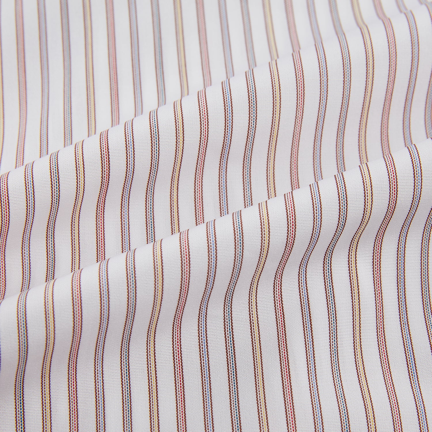 View 6 of product The Red with Multicoloured Music Stripe Mayfair Shirt by Turnbull & Asser is a long-sleeve, button-up shirt with a collar, featuring vibrant multicoloured stripes, inspired by classic British design, neatly laid flat on a plain background.