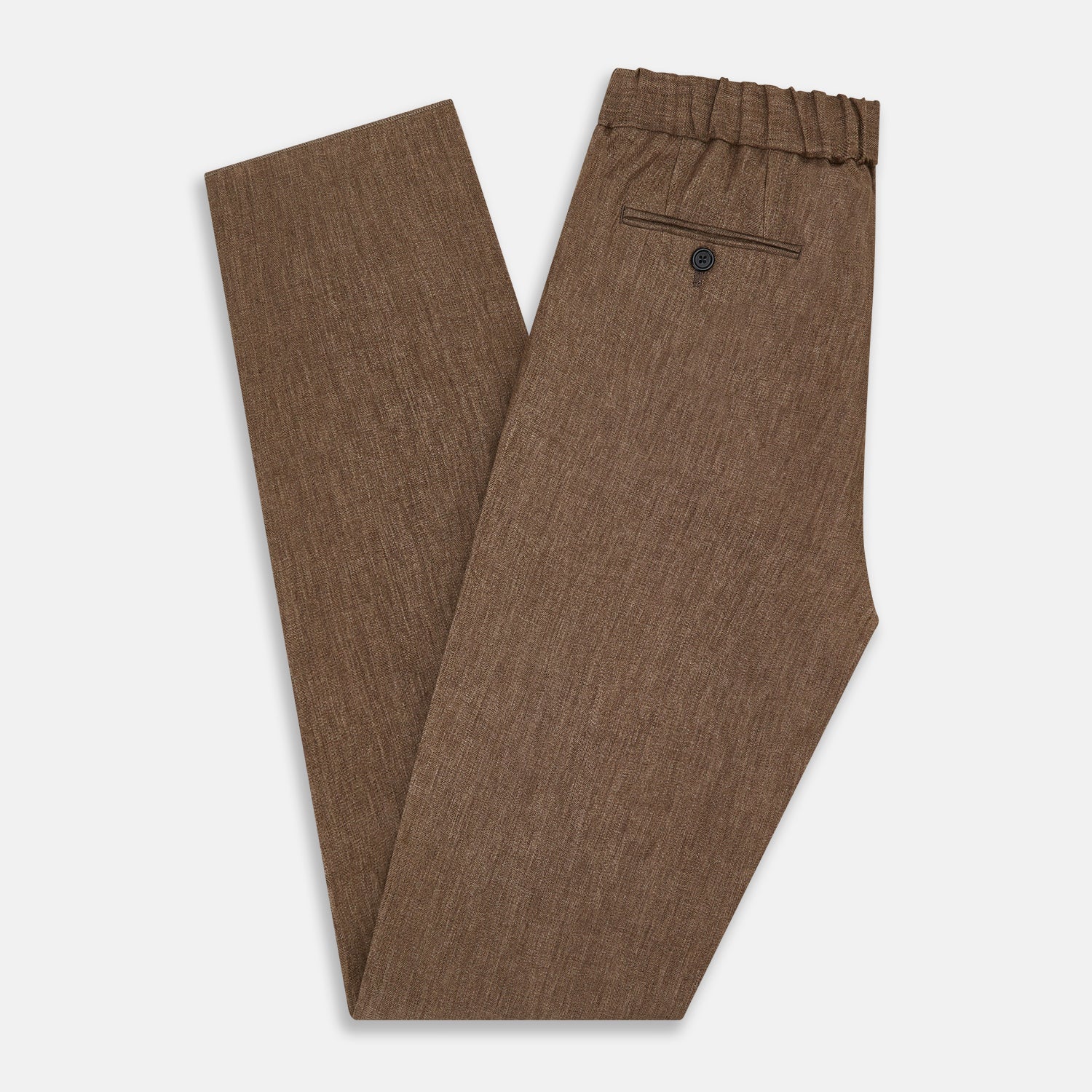 View 6 of product The Turnbull & Asser Pine Cone Linen Herringbone Miles Trousers feature a relaxed fit, elasticated waistband, and drawstring tie, shown against a plain white background.