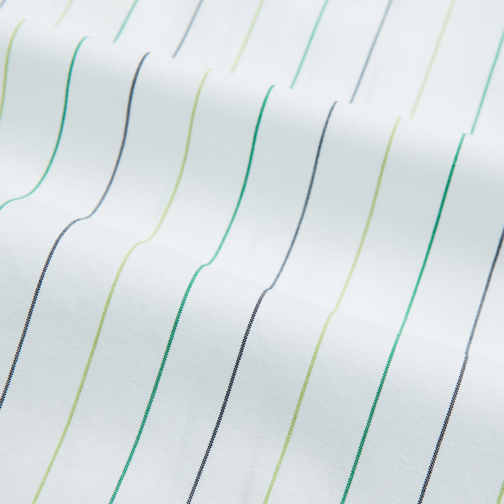 A Green Wide Pinstripe Mayfair Shirt by Turnbull & Asser, featuring long sleeves, a button-up front, and a T&A collar, is shown flat on a white background.
