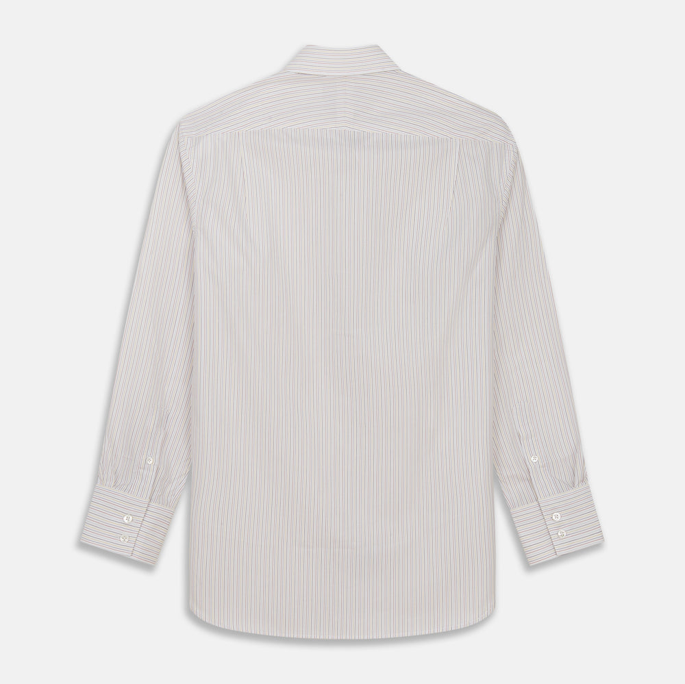 The Turnbull & Asser Red Multi Stripe Tailored Fit Shelton Shirt features subtle vertical stripes, a classic Kent collar, and buttoned cuffs, shown laid flat on a white background.
