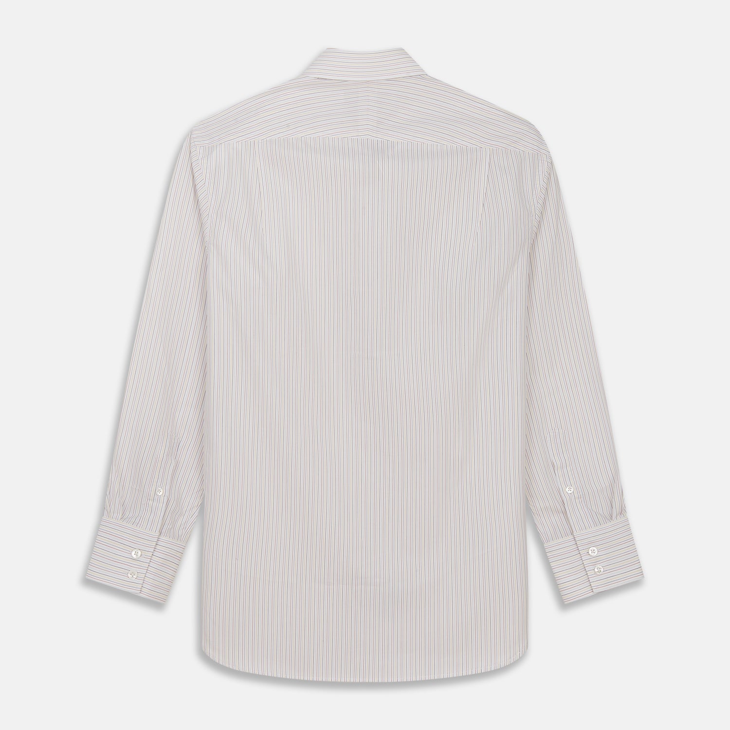 View 5 of product The Turnbull & Asser Red Multi Stripe Tailored Fit Shelton Shirt features subtle vertical stripes, a classic Kent collar, and buttoned cuffs, shown laid flat on a white background.