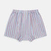 View 2 of product The Turnbull & Asser Pale Blue And Red Pinstripe Godfrey Boxer Shorts feature an elastic waistband and loose fit, made from Italian cotton, shown on a plain white background.