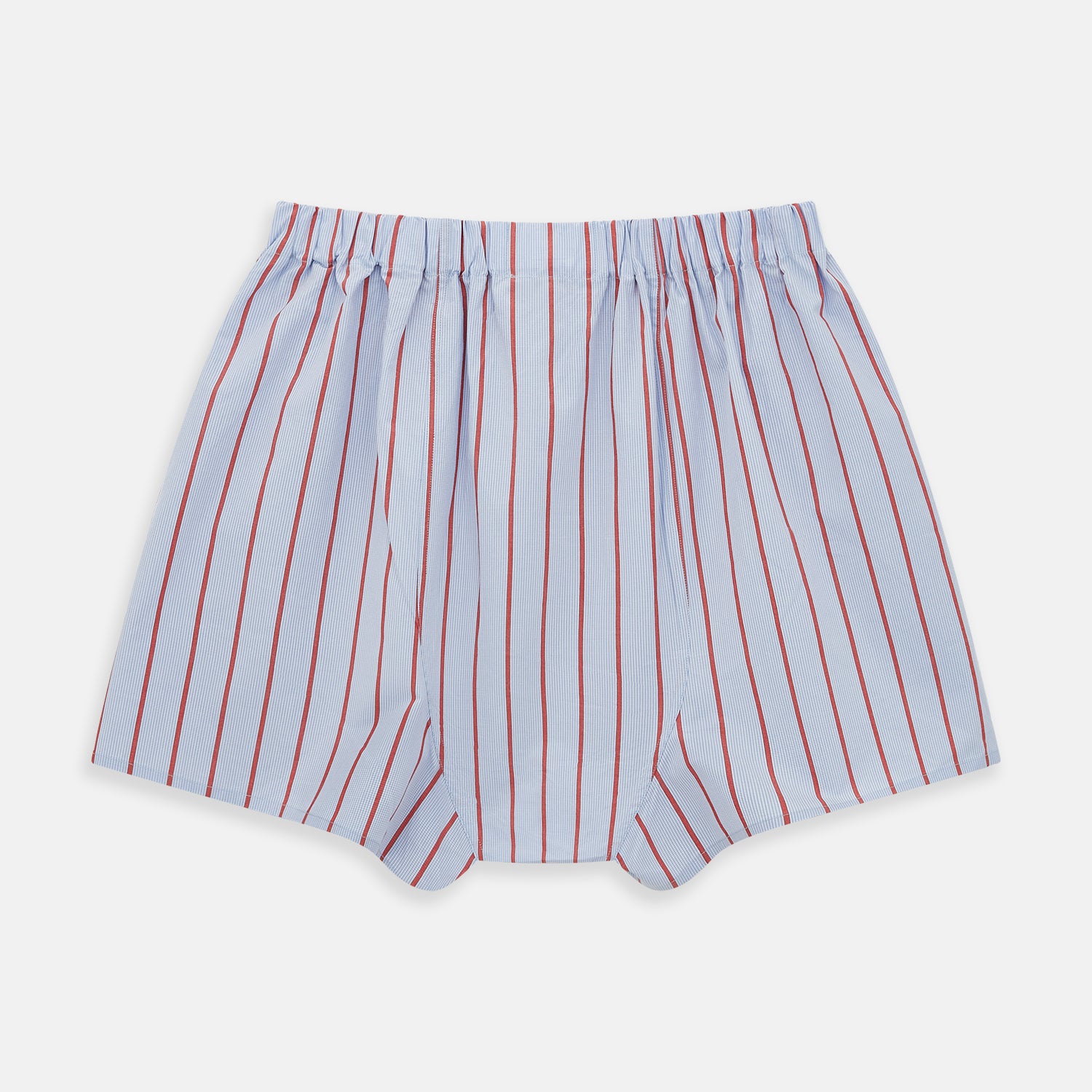 View 2 of product The Turnbull & Asser Pale Blue And Red Pinstripe Godfrey Boxer Shorts feature an elastic waistband and loose fit, made from Italian cotton, shown on a plain white background.