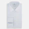 View 5 of product The Turnbull & Asser Blue and White Thin Stripe Shirt features a T&A collar and double cuffs, shown against a plain white background.