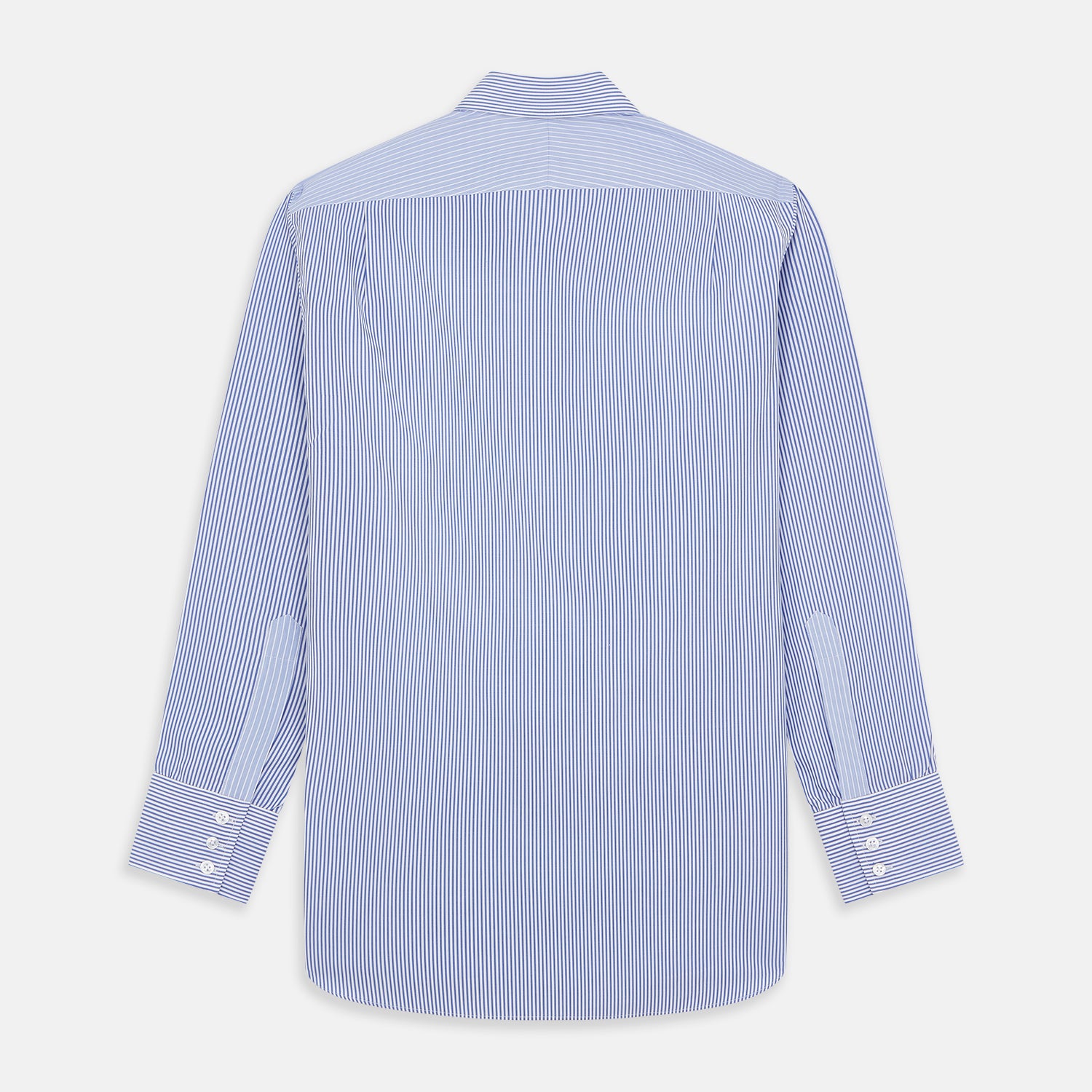 View 5 of product The Turnbull & Asser Blue and White Stripe Cotton RE-PURPOSE Mayfair Shirt, made with recycled fabrics, features long sleeves and a classic collar, and is shown flat against a white background.
