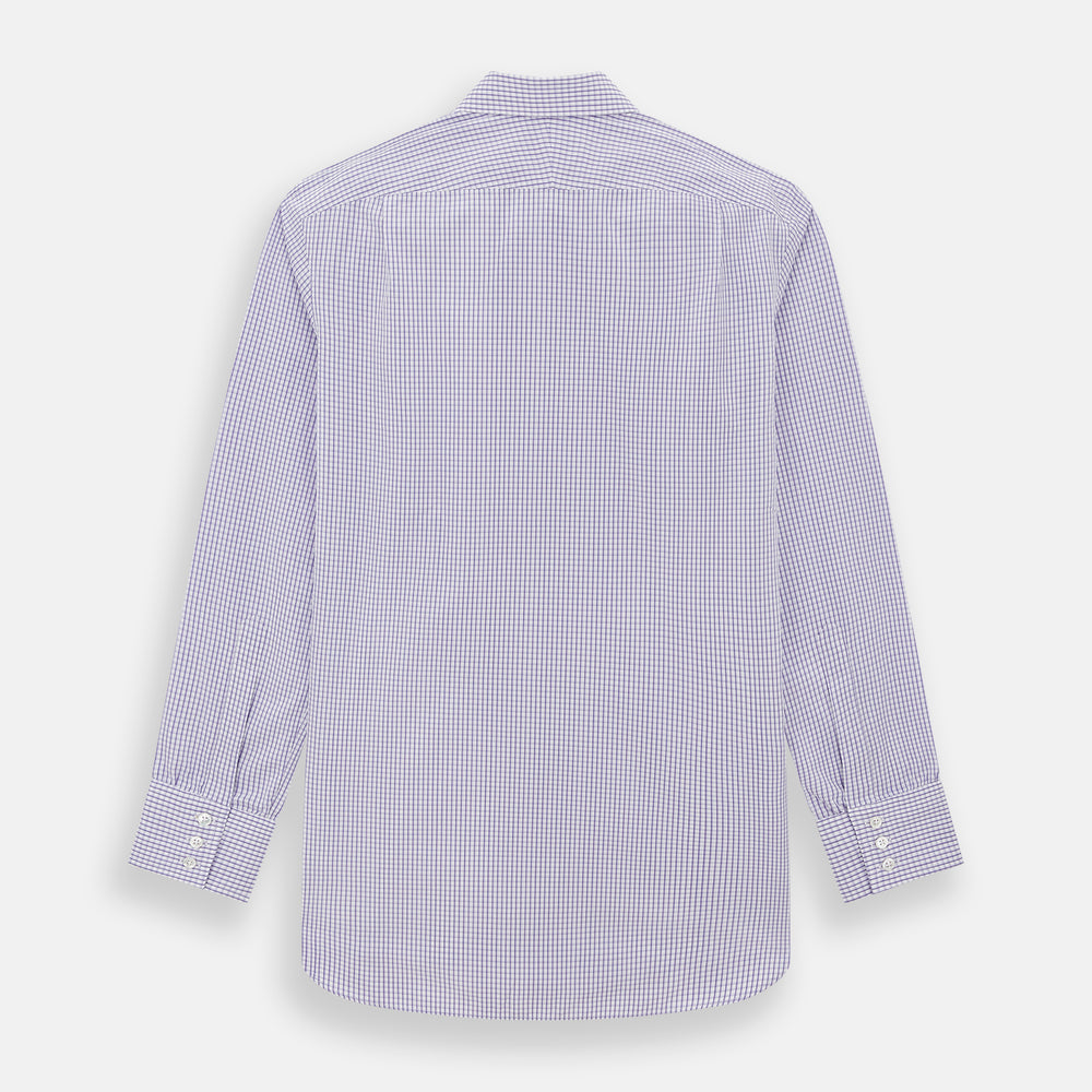 The Turnbull & Asser Purple Micro Shadow Check Mayfair Shirt features long sleeves, a classic collar, white buttons, and a subtle blue and white check pattern—perfect for formal wear and shown on a plain white background.