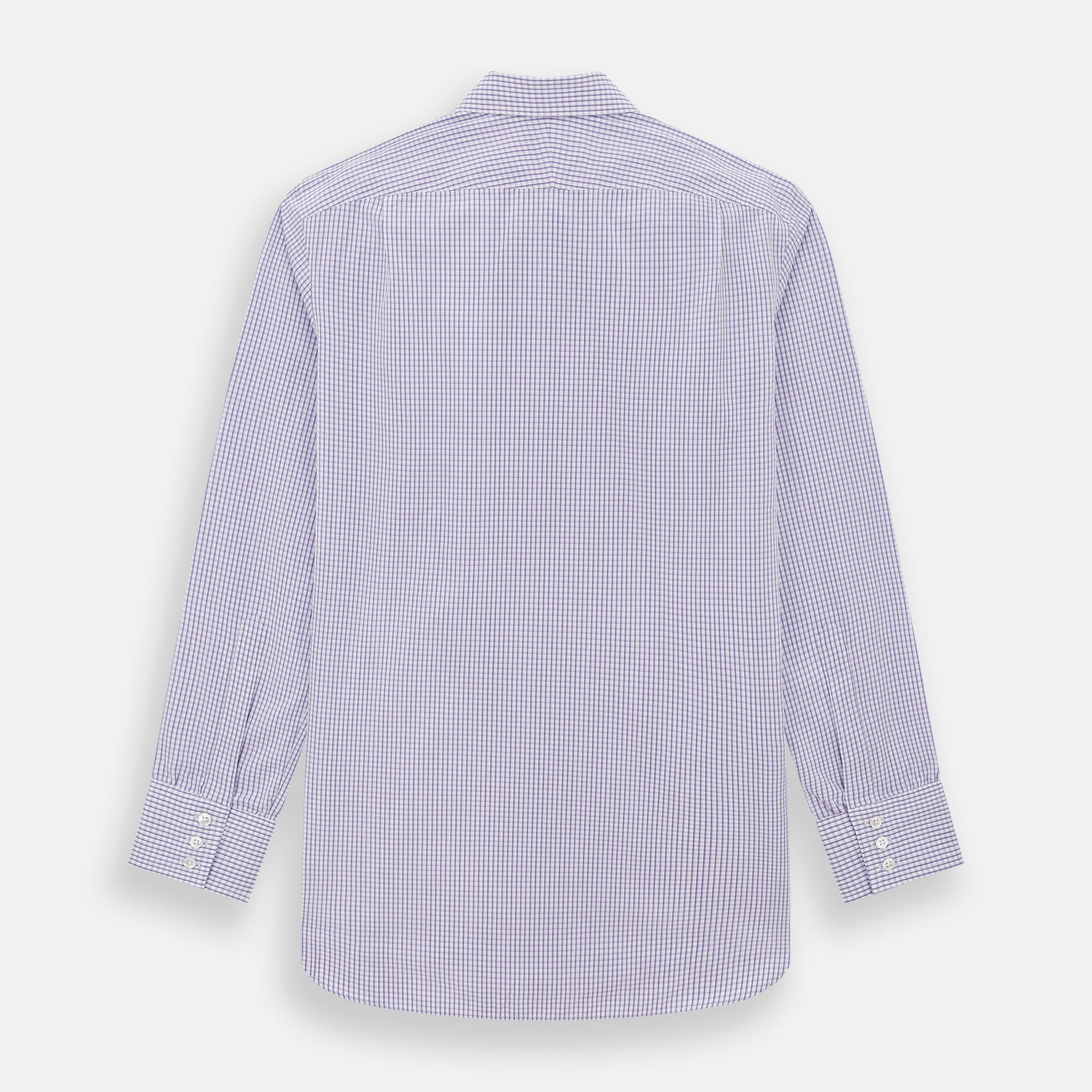 View 3 of product The Turnbull & Asser Purple Micro Shadow Check Mayfair Shirt features long sleeves, a classic collar, white buttons, and a subtle blue and white check pattern—perfect for formal wear and shown on a plain white background.