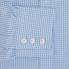 View 3 of product The Turnbull & Asser Light Blue Gingham Check Shirt features a T&A collar, 3-button cuffs, classic gingham pattern, and white buttons down the front, shown laid flat on a white background.
