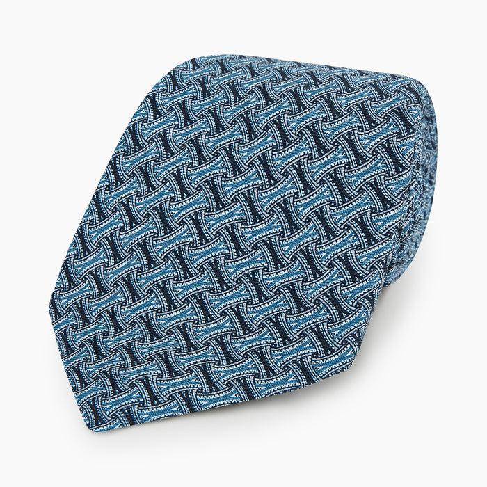 Pale Blue and Navy Weave-Patterned Printed Silk Tie Image 4