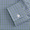View 3 of product The Turnbull & Asser Green and Blue Cotton Multi Check Weekend Fit Finch Shirt features long sleeves, a pointed collar, and buttoned cuffs—perfect for versatile style. Laid flat on a white background.