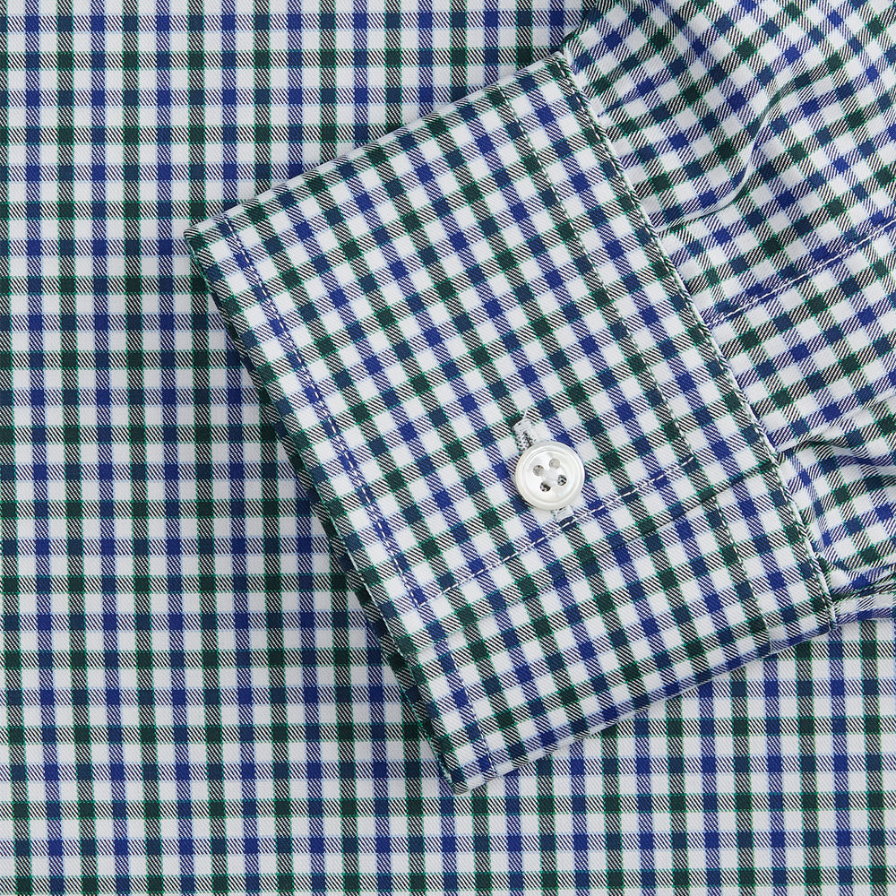 The Turnbull & Asser Green and Blue Cotton Multi Check Weekend Fit Finch Shirt features long sleeves, a pointed collar, and buttoned cuffs—perfect for versatile style. Laid flat on a white background.