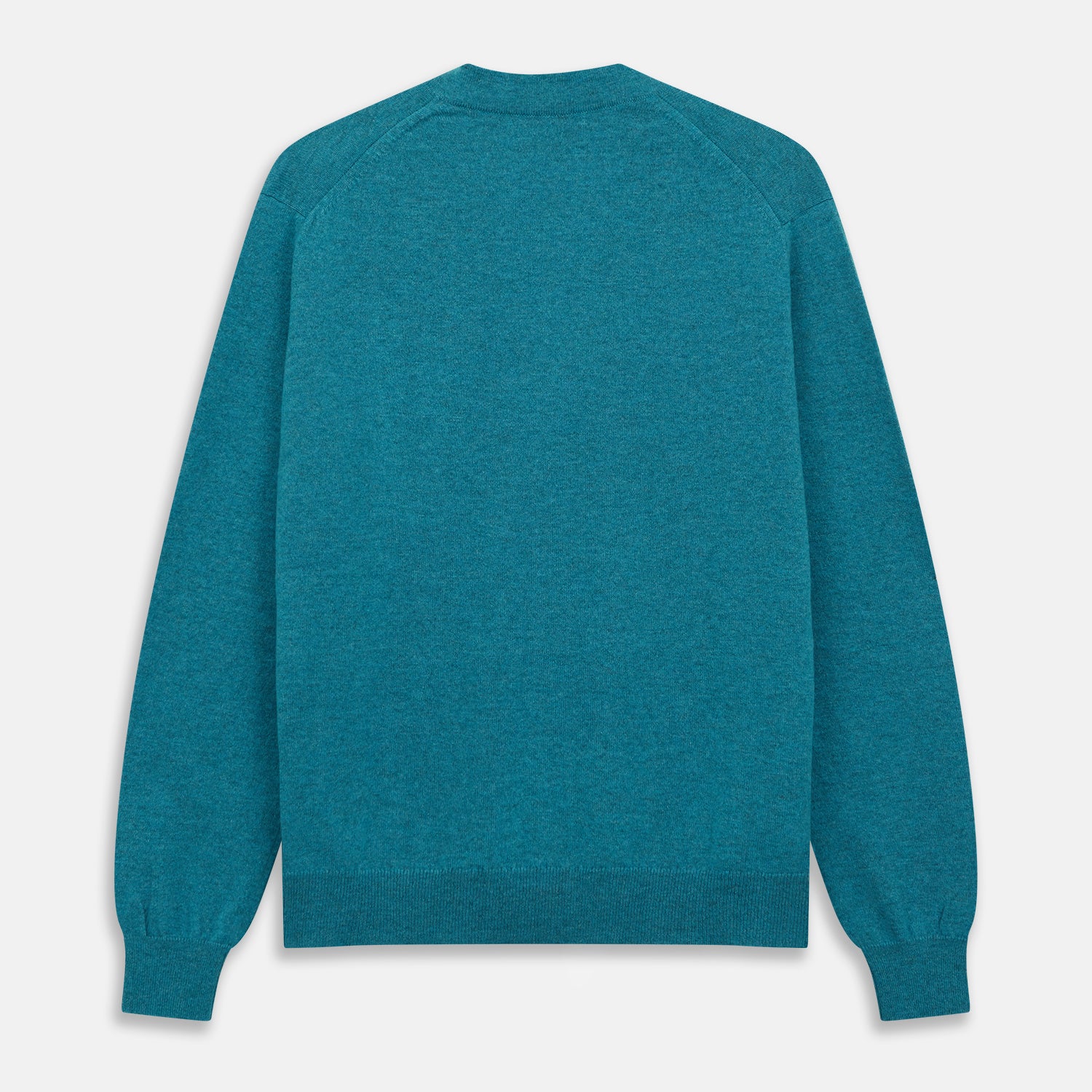 View 3 of product The Teal Lachlan Cashmere Cardigan by Turnbull & Asser features long sleeves, front pockets, and ribbed hem and cuffs. Displayed flat on a white background, this cozy piece is inspired by classic Scottish knitwear.