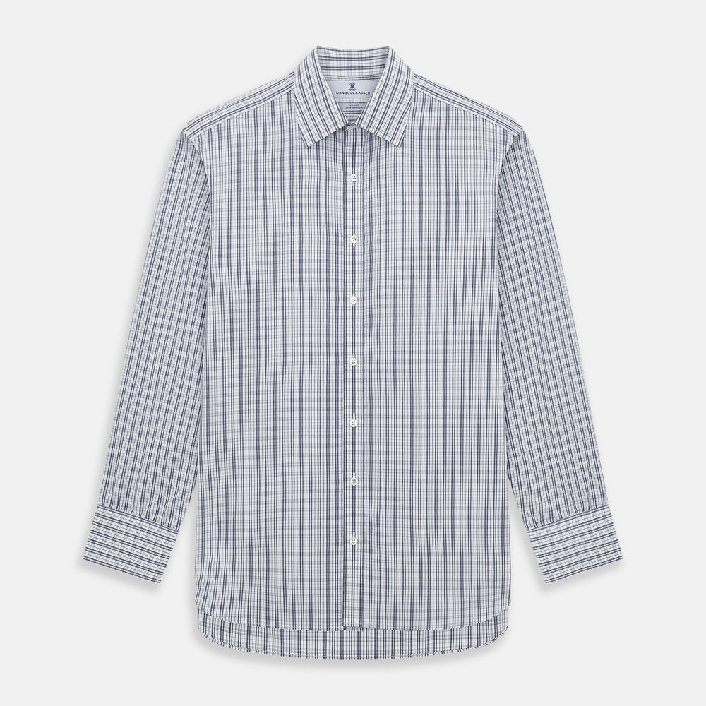 The Turnbull & Asser Navy Multi Check Mayfair Shirt is made from pure cotton with a blue and white check pattern, long sleeves, pointed collar, and buttoned cuffs, shown against a white background.