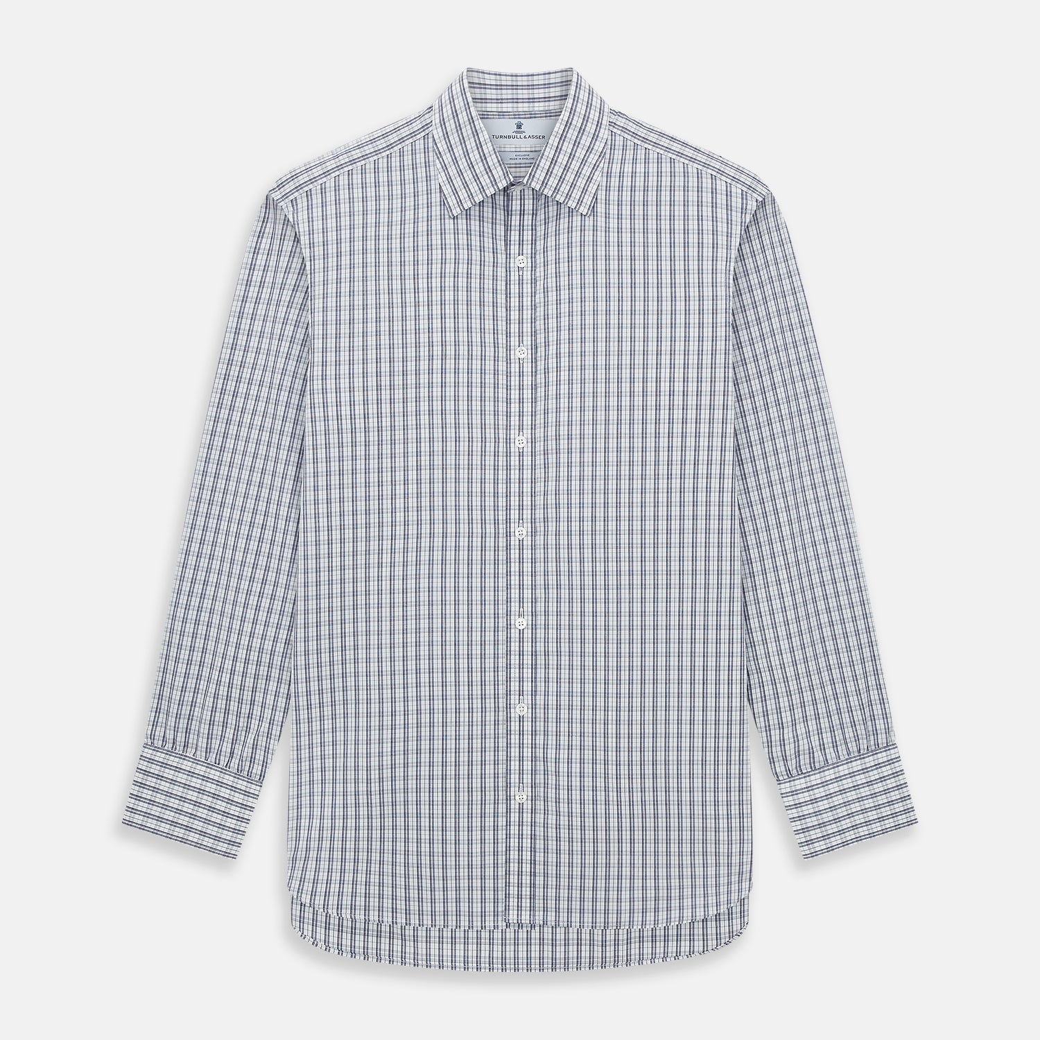 View 1 of product The Turnbull & Asser Navy Multi Check Mayfair Shirt is made from pure cotton with a blue and white check pattern, long sleeves, pointed collar, and buttoned cuffs, shown against a white background.