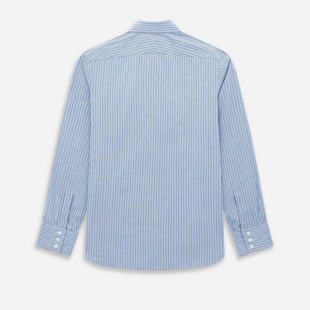The Steel Blue Ticking Stripe Westminster Shirt by Turnbull & Asser features a classic fit, Turnbull collar, vertical stripes, white buttons, and buttoned cuffs—showcasing refined British craftsmanship.