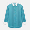 View 1 of product The Turnbull & Asser Turquoise Track Stripe Shirt features a Mayfair fit, contrast white T&A collar and double cuffs, black vertical stripes, and long sleeves, displayed flat on a light background.