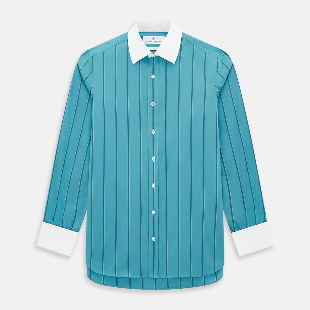 The Turnbull & Asser Turquoise Track Stripe Shirt features a Mayfair fit, contrast white T&A collar and double cuffs, black vertical stripes, and long sleeves, displayed flat on a light background.
