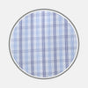 View 1 of product Close-up of Turnbull & Asser's Navy Group Check Cotton Fabric, featuring a light blue base with intersecting navy and light blue lines in a plaid pattern, displayed in a circular frame on a white background.