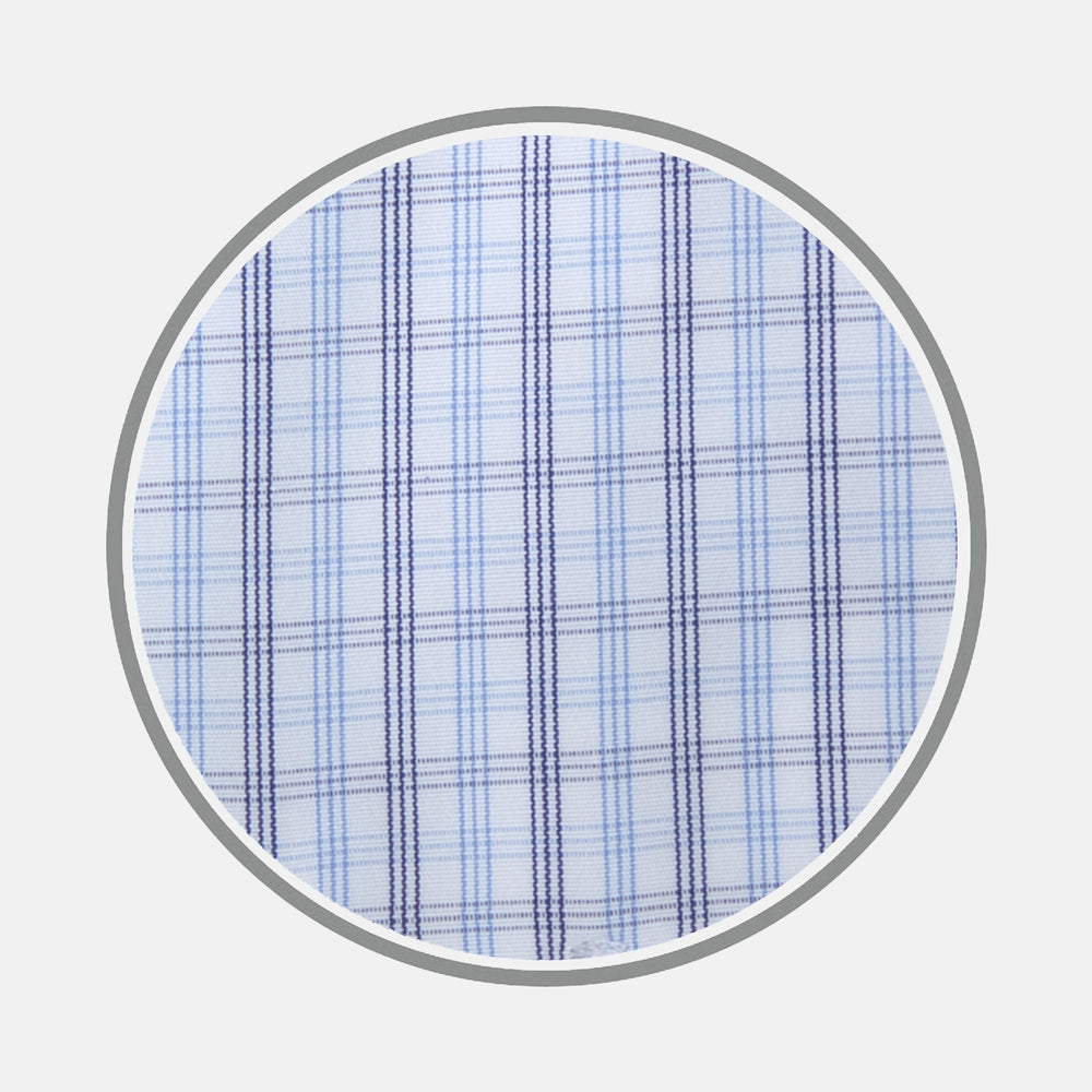 Close-up of Turnbull & Asser's Navy Group Check Cotton Fabric, featuring a light blue base with intersecting navy and light blue lines in a plaid pattern, displayed in a circular frame on a white background.
