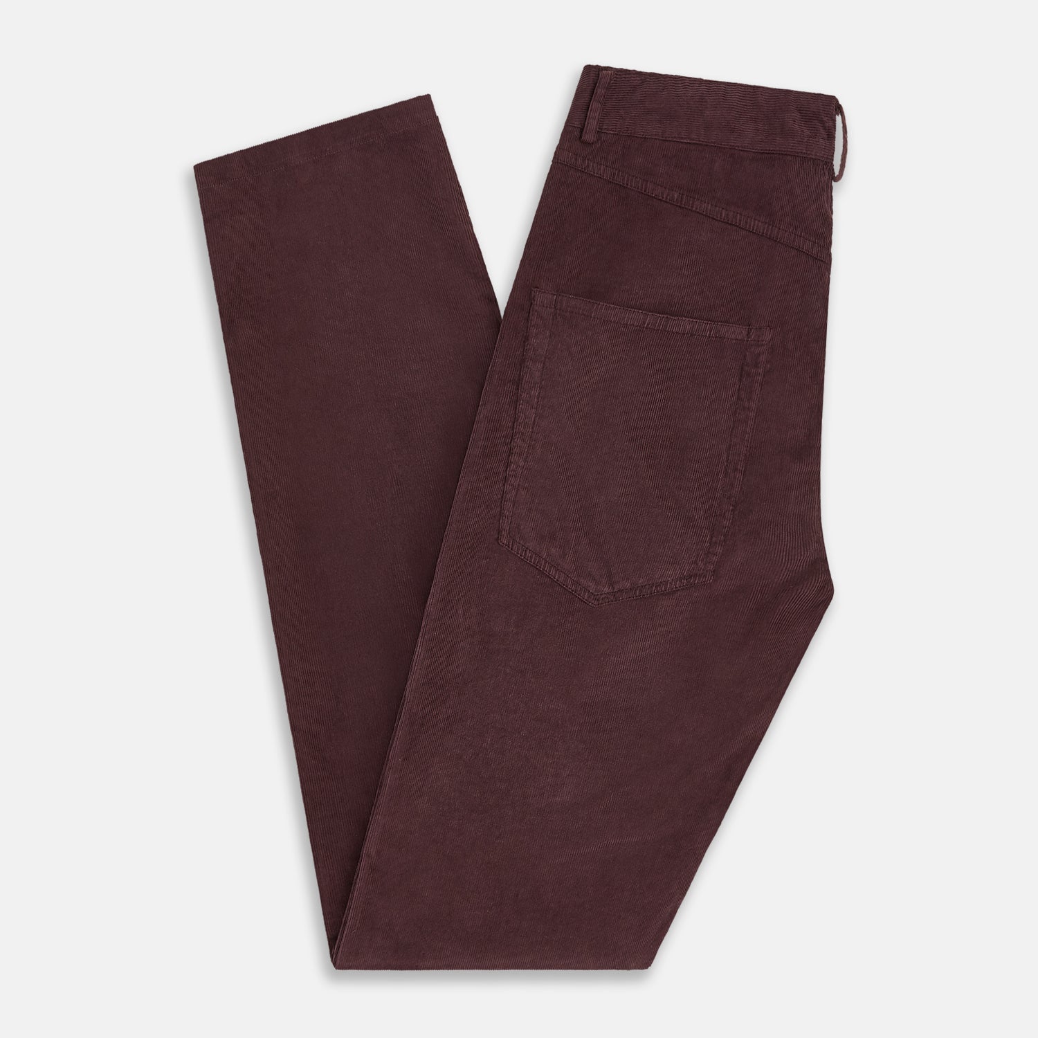 View 6 of product The Turnbull & Asser Burgundy Corduroy Charles Trousers are straight-leg stretch cotton pants in dark burgundy, featuring side and back pockets, shown against a plain white background.