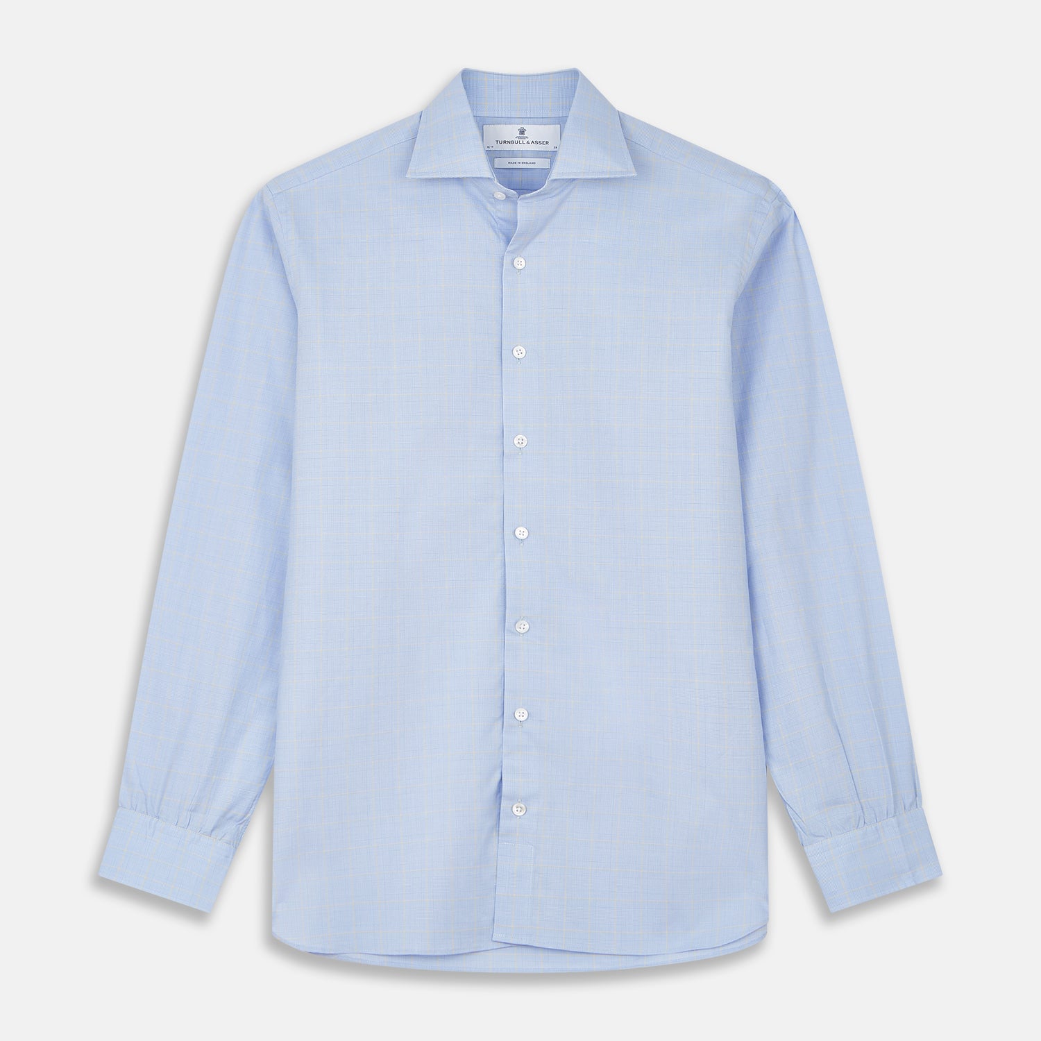 View 1 of product The Yellow and Blue Prince of Wales Check Belgravia Shirt by Turnbull & Asser features a classic collar, white buttons, long sleeves, and a checked pattern, displayed laid flat on a white background.