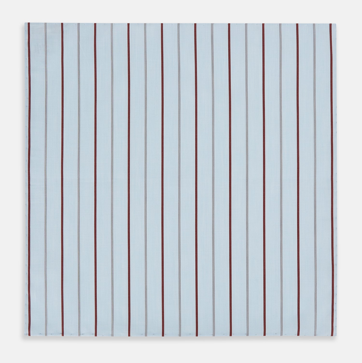 View 3 of product The Turnbull & Asser Burgundy Wide Pinstripe Hand-Rolled Handkerchief features bold burgundy stripes with hand-rolled edges, displayed flat on a white background for an elegant look.