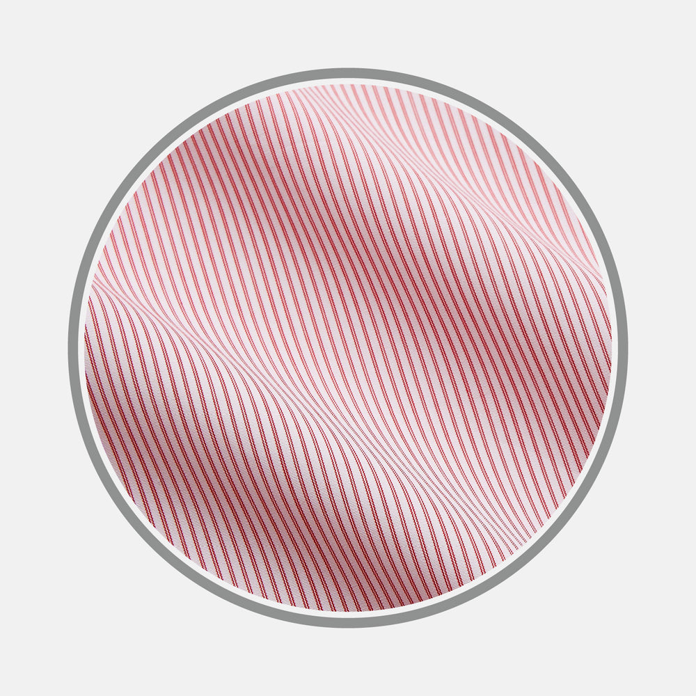 Close-up of Turnbull & Asser's Pink and White Stripe Cotton Fabric, featuring thin diagonal stripes in a circular frame on a plain light gray background.