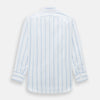 View 3 of product The Colony Blue Track Stripe Mayfair Shirt by Turnbull & Asser is a long-sleeve, button-up Italian cotton shirt with a white base and blue stripes, pointed collar, and buttoned cuffs, shown laid flat on a white background.