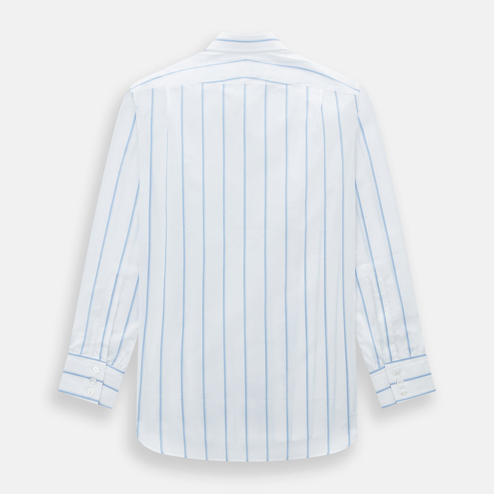 The Colony Blue Track Stripe Mayfair Shirt by Turnbull & Asser is a long-sleeve, button-up Italian cotton shirt with a white base and blue stripes, pointed collar, and buttoned cuffs, shown laid flat on a white background.